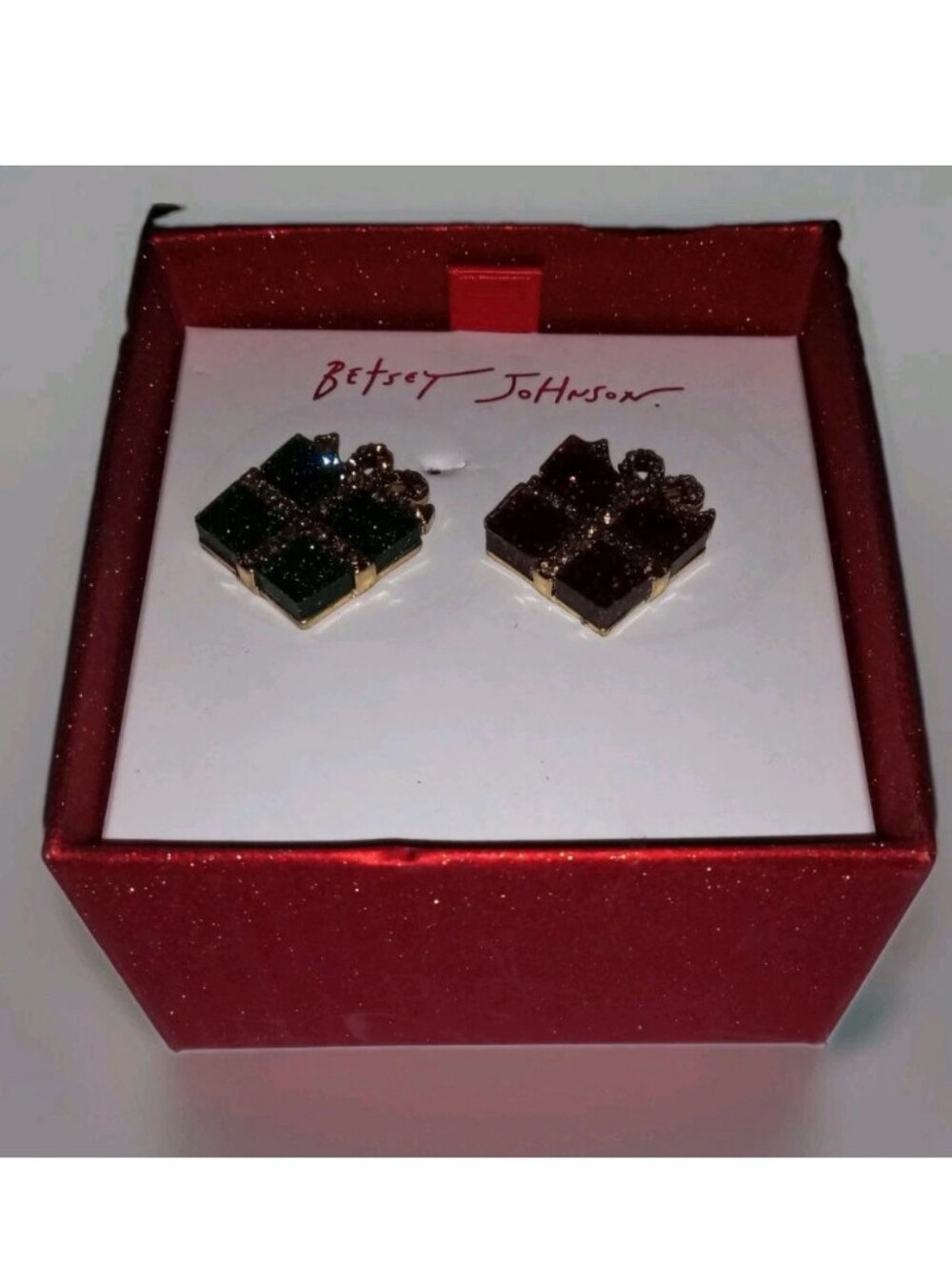 Betsey Johnson Green and Black Gift Bow Stud Earrings